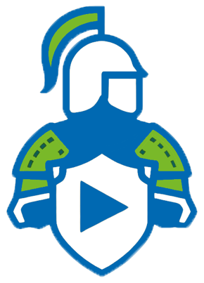 Logo Media Safe Göppingen, ein Ritter mit Play-Symbol auf seinem Schild